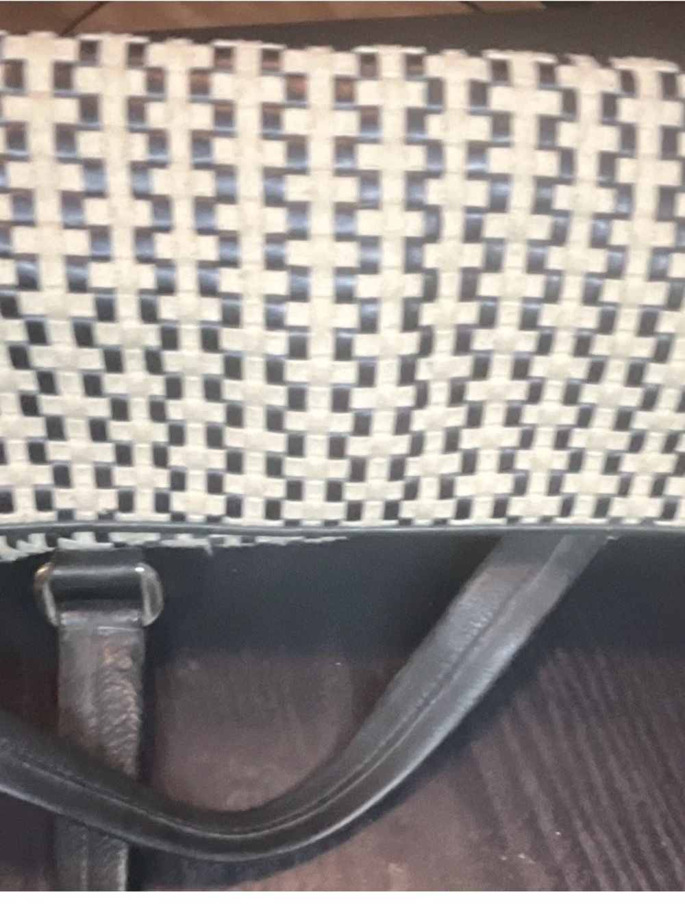 Woven Black and White Tote with Black Leather Handles